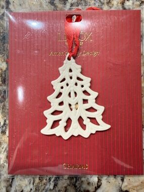 Lenox White Ceramic Tree Ornament with Red Ribbon